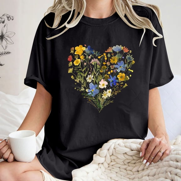 Summer Tops LEBONYARD Short Sleeve Womens Tops,Women's Fashion Summer Round Neck Drop Sleeves Leisure Short Sleeve Flower Printing Tops Black XXL