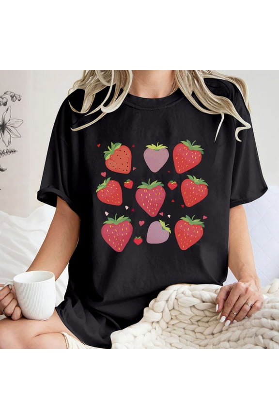 Spring Tops for Women LEBONYARD Short Sleeve Womens Tops,Women's Fashion Summer Round Neck Drop Sleeves Leisure Short Sleeve Fruit Printing Tops Black S