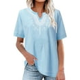 thumbnail image 1 of Spring Tops for Women LEBONYARD Summer Tops for Women 2025,Fashion Women's Summer V-Neck Short Sleeve Cotton Linen Solid Casual T-shirt Blouse Blue XL, 1 of 5