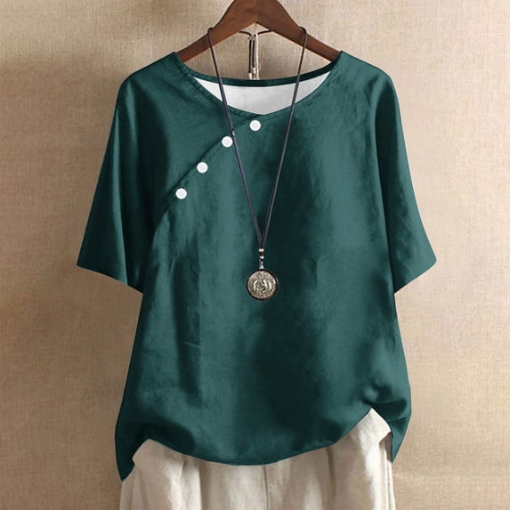 Summer Savings Clearance!LEBONYARD Summer Tops for Women 2024,Women's Solid Color Casual Round Neck Linen Knot Linen Button Short Sleeved Top Army Green L