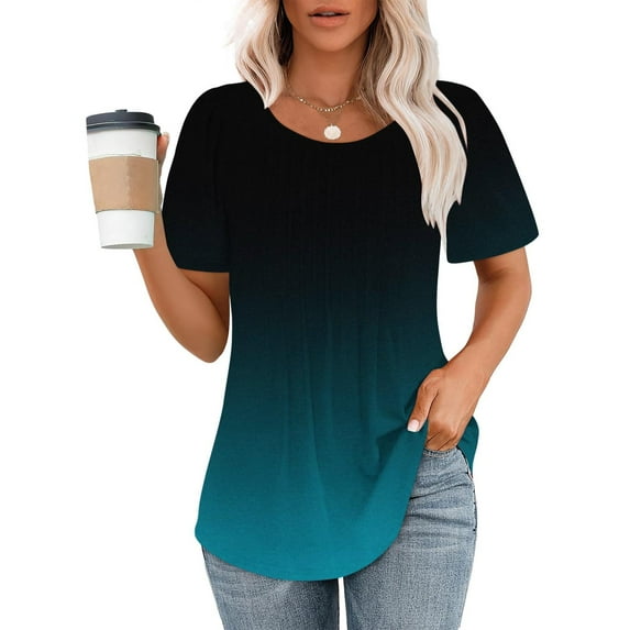 Summer Savings Clearance!LEBONYARD Summer Tops for Women 2024,Fashionable Women's Casual Short Sleeved Loose Round Neck Printed Top Sky Blue S