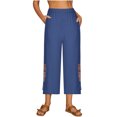 thumbnail image 1 of Summer Savings Clearance!LEBONYARD Women's Quick Dry Capris Yoga Ready Comfort,Women's Fashionable Solid Color Linen Embroidery Flower Loose Casual Trousers Navy M, 1 of 6