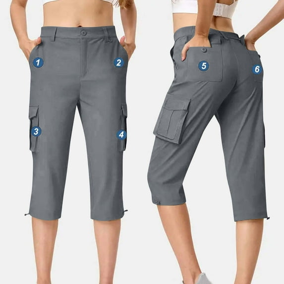 Summer Savings Clearance!LEBONYARD Womens Pants Plus Size Elastic Waist,Capris Womens Pants with Pockets Loose Casual Dressy Lightweight Ladies Baggy Cargo Shorts Capris for Hiking Gray L