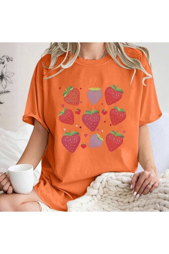 Workout Tops for Women LEBONYARD Womens Tops Trendy,Women's Fashion Summer Round Neck Drop Sleeves Leisure Short Sleeve Fruit Printing Tops Orange M