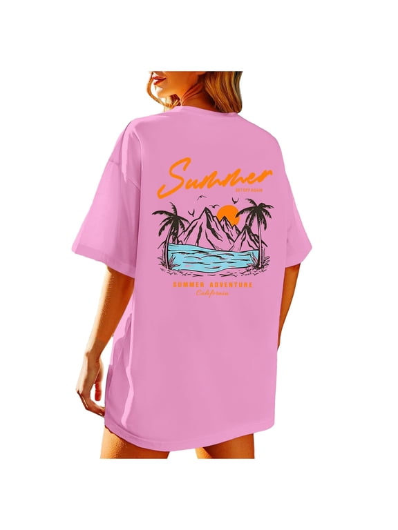 Shirts for Women Trendy Beach Oversized Graphic Tees Vintage Baggy Shirts Summer Vacation Workout Tops