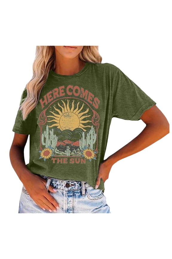 Shirts for Women Trendy Here Comes Sun Graphic Tees Retro Vintage Hippie Blouse Short Sleeve Going Out Tops