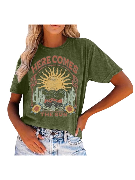 Shirts for Women Trendy Here Comes Sun Graphic Tees Retro Vintage Hippie Blouse Short Sleeve Going Out Tops