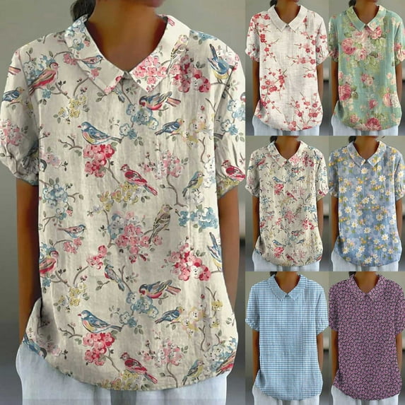 Summer Savings Clearance LINGLANG Shirts for Women Trendy Summer Elegant Lapel Crewneck Linen Shirt Printed Loose Pullover Vintage Casual Boho Tops