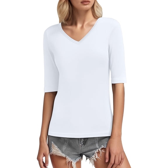 LINGLANG Summer Tops for Women 3/4 Sleeve V Neck Tee Casual Solid Slim T Shirts