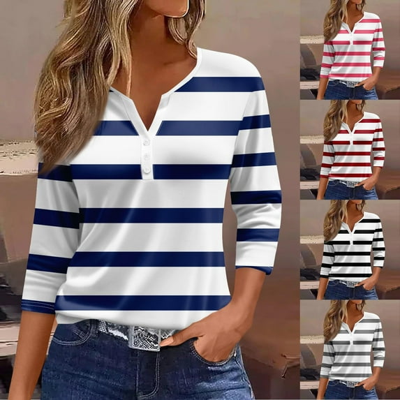 Summer Savings Clearance LINGLANG T Shirts for Women 3/4 Sleeve Casual Crew Neck Stripes Print Daily Tees Tunic Blouses Summer Tops