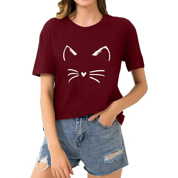 Summer Savings Clearance LINGLANG T Shirts for Women Round Neck Short Sleeve Everyday Text Botanical Floral Cat Shirt Going Out Tops