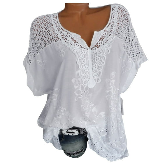 Summer Savings Clearance LINGLANG T Shirts for Women V Neck Shirt Lace Hollow Casual Shirts Going Out Tops