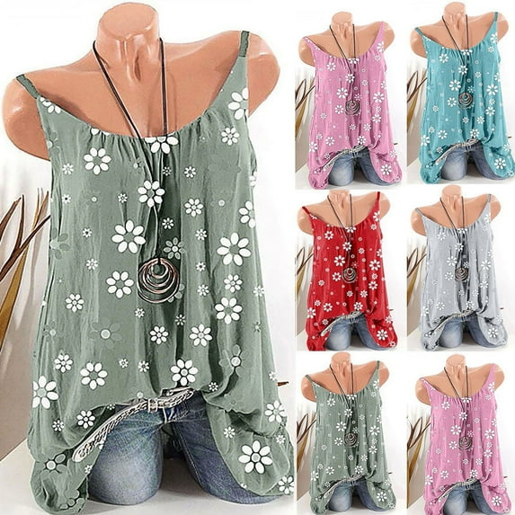 Summer Savings Clearance LINGLANG Tank Tops For Women O Neck Sleeveless Vest Flower Blouses Tops Printing Tee Camisole Blouse Sleeveless Tops Loose Fit