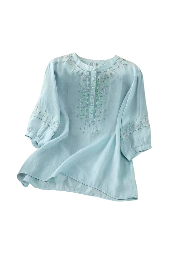 Tshirts Shirts for Women Retro Ethnic 3/4 Sleeve Embroidery Loose Comfortable Slim Long Sleeved Shirt Boho Tops