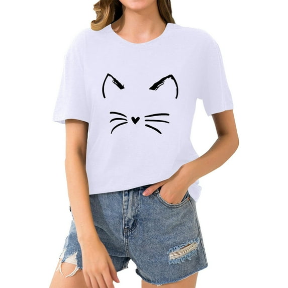 Summer Savings Clearance LINGLANG Tshirts Shirts for Women Round Neck Short Sleeve Everyday Text Botanical Floral Cat Shirt Going Out Tops