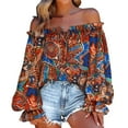 thumbnail image 1 of Summer Savings Clearance LINGLANG Womens Summer Tops Summer Off Shoulder Shirt Floral Print Casual Long Sleeve Off Shoulder V Neck Retro Ethnic Loose Blouse Tshirts Shirts, 1 of 5