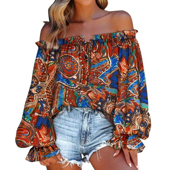 Summer Savings Clearance LINGLANG Womens Summer Tops Summer Off Shoulder Shirt Floral Print Casual Long Sleeve Off Shoulder V Neck Retro Ethnic Loose Blouse Tshirts Shirts