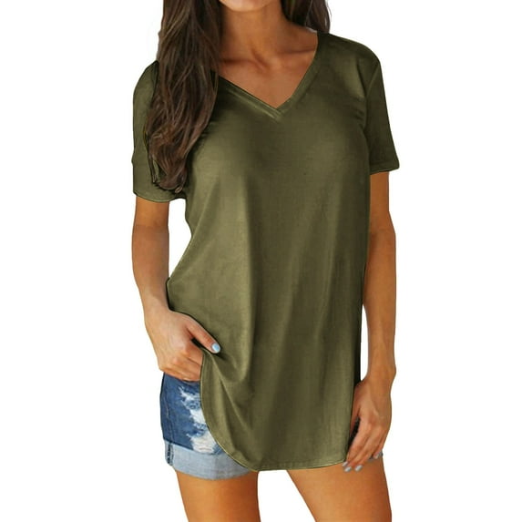 Summer Savings Clearance LINGLANG Womens Summer Tops V Neck Short Sleeves Solid Color Outdoor Loose Causal T Shirts