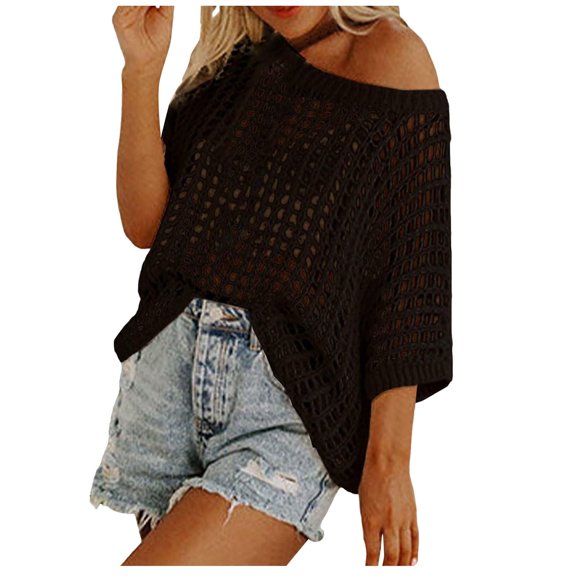 LINGLANG Womens Summer Tops Women Summer Neck Short Sleeve Sweater Casual Crochet Hollow Out Knit Pullover Shirts Beach Cover Up T Shirts