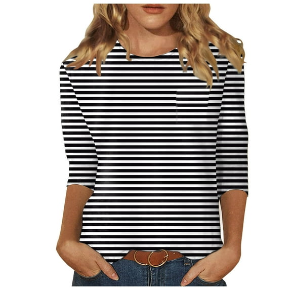 Summer Savings Clearance LINGLANG Womens Tops Summer 2025 3/4 Sleeve Summer Casual Regular Printed Shirt Round Neck Casual Shirt Tshirts Shirts