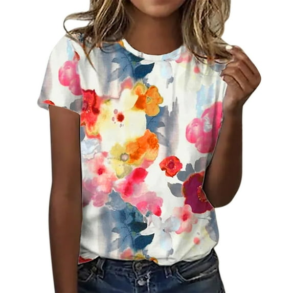 Summer Savings Clearance LINGLANG Womens Tops Summer 2025 Summer Short Sleeve Crew Neck Flower Printed Casual Shirts Tee Tshirts Shirts