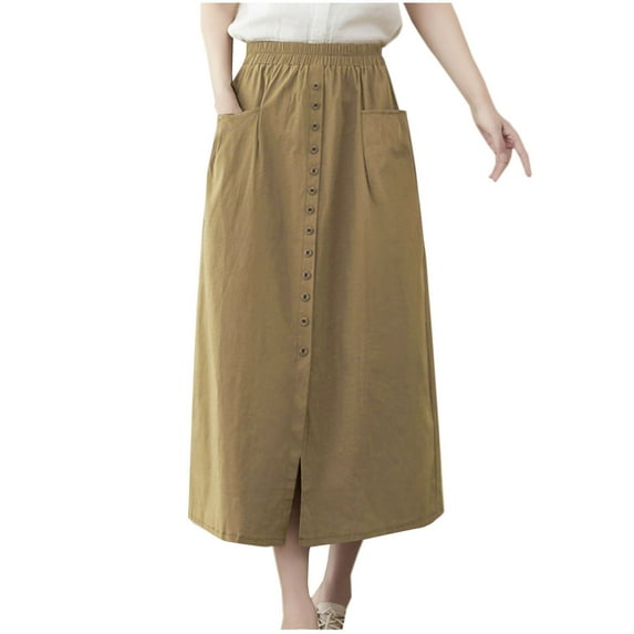 Long Skirt for Women Sale Women's Summer Fashion Solid Color Button Pocket Vent Skirt Khaki Xl