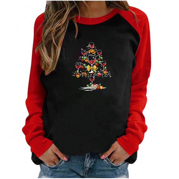 Summer Savings Clearance! Long Sleeve Shirts for Women Womens Christmas Shirts Long Sleeve Casual Pullover Crew Neck Fall Tops Buffalo Plaid Fashion Sweatshirts Xmas Tee Blusas de Mujer Elegantes