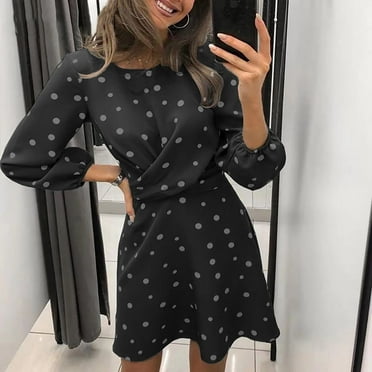 Summer Savings Clearance MIANHT Dresses for Women, Plus Size Dresses, Women Long Sleeve Neck Wave Point Printing Long Sleeve Dress