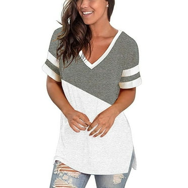Summer Savings Clearance MIANHT Plus Size Women's Striped T Shirts Short Sleeve V Neck Color Block Patchwork Fits