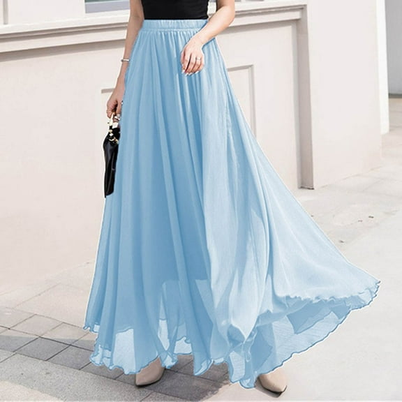 Midi Pleated Skirts for Women Sale Womens Fashion Solid Color High Waist Elastic Waist Mmulti-Storey Beach Skirt Sky Blue L