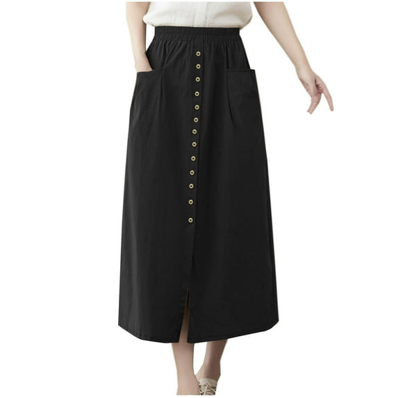 Midi Pleated Skirts for Women Sale Women's Summer Fashion Solid Color Button Pocket Vent Skirt Black Xl