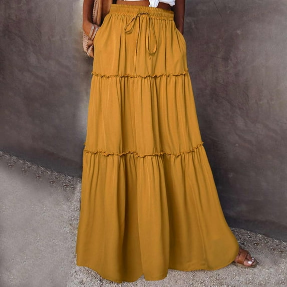 Mini Skirt for Women Sale Fall Fashion Women Casual Comfort Elastic Waist Tie Pocket Ankle Skirt Yellow Xxl