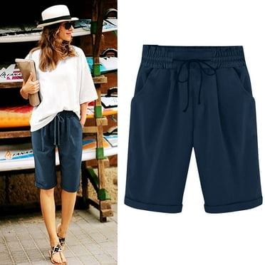 Summer Savings Clearance Mrasaso Shorts for Women Women's Summer Elastic Waist Drawstring Side Pocket Solid Color Short Pants 5/4