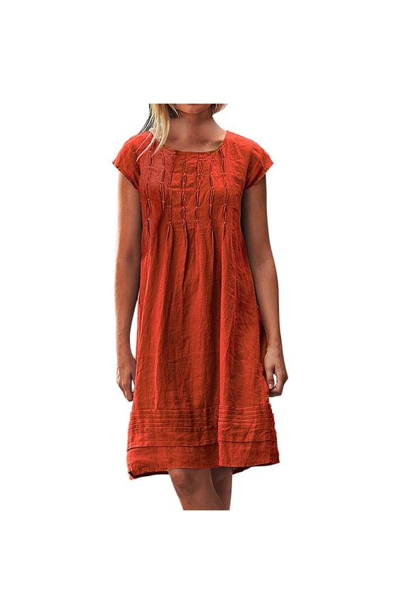 New Hot Cotton and Linen Summer Dresses 2025 Women's Solid Crewneck Loose Pleated Dress Fashion Short Sleeve Beach Casual Dress Knee Length