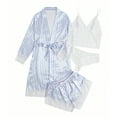 thumbnail image 1 of FAZVAOO Silk Robes Women 4 Piece Lace Striped Robe Satin Short Robe with Belt Size XS-XXL, 1 of 8