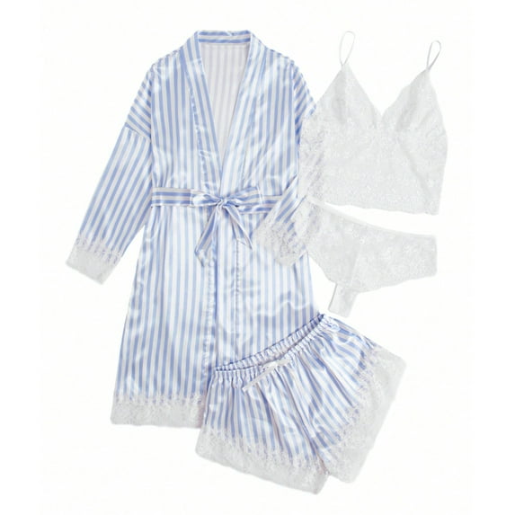 FAZVAOO Silk Robes Women 4 Piece Lace Striped Robe Satin Short Robe with Belt Size XS-XXL