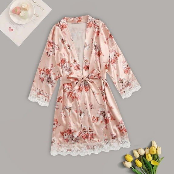FAZVAOO women's Robes Vintage Satin Robe Women Home Silk Floral Short Robe with Belt Size S-4XL