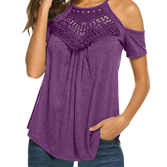 Summer Savings Clearance!Npasoilc Cold Shoulder Shirts For Women Summer Tops Dressy Casual Lace Scoop Neck Short Sleeve Flowy Tunics Blouses