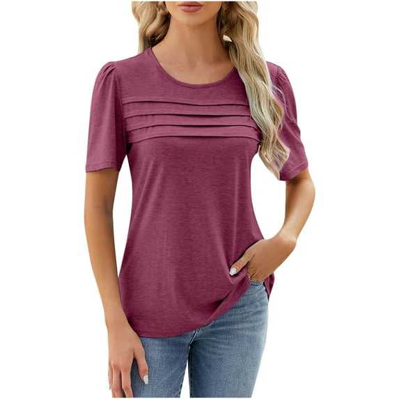 Npasoilc Women's Fashion Solid Round Neck Short Sleeves Casual T-Shirt Top