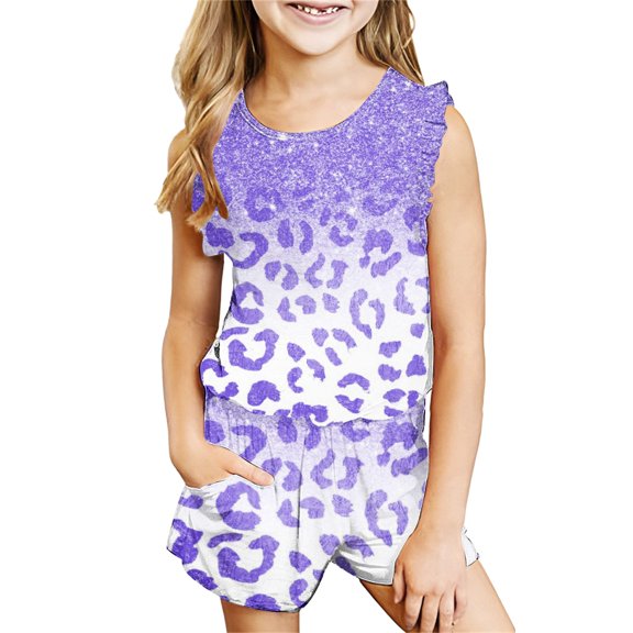 Nskgu Girl's 2 Piece Outfits Sleeveless Round Neck Tank Top and Shorts with Pockets Casual Summer Shorts Sets Printed Sets 3-14 Years