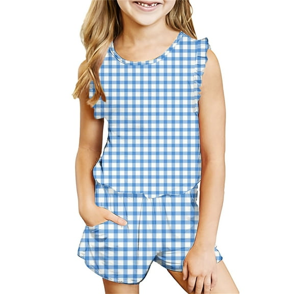 Nskgu Girl's 2 Piece Outfits Sleeveless Round Neck Tank Top and Shorts with Pockets Casual Summer Shorts Sets Striped Printed Shorts Sets 3-14 Years