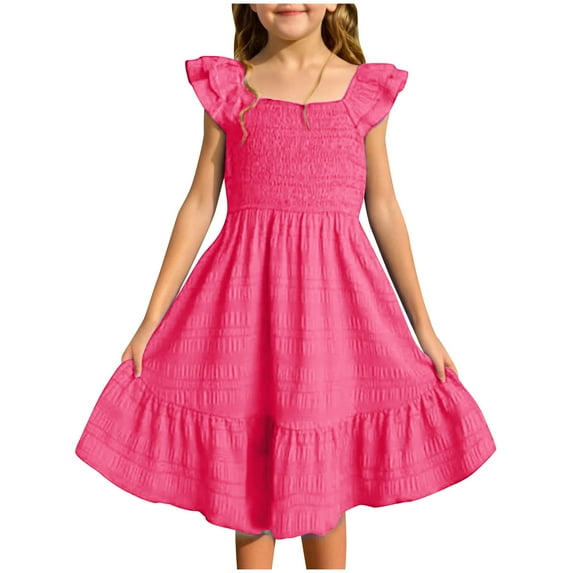 Nskgu Girl's 2025 Summer Dresses Smocked Flutter Sleeve a Line Sundresses Swing Mini Casual Party Dresses Size 3-14 Years