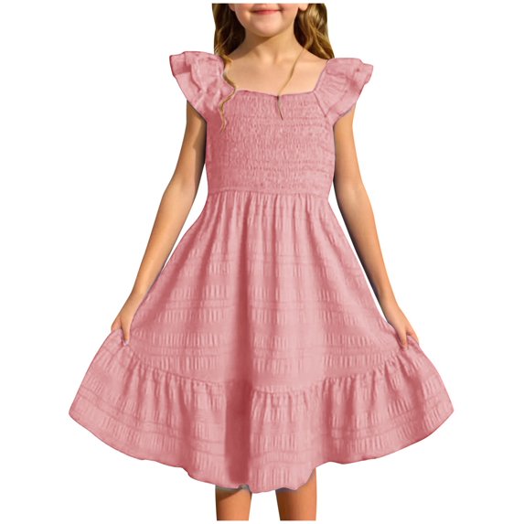 Nskgu Girl's 2025 Summer Dresses Smocked Flutter Sleeve a Line Sundresses Swing Mini Casual Party Dresses Size 3-14 Years
