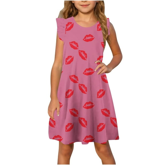 Nskgu Girl's Dresses Cotton Ruffle Sleeve Tiered Swing A-Line Cute Midi Casual Sundress Heart Printed Dresses for Girls