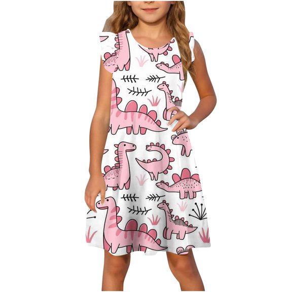 Nskgu Girl's Dresses Cotton Ruffle Sleeve Tiered Swing A-Line Cute Printed Midi Casual Sundress for Girls