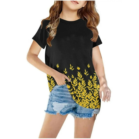 Nskgu Girl's Graphic Printed Short Sleeve T Shirts Crewneck Loose Fit Tunic Tops Summer Casual Blouses Kids Tshirts for Size 3-12 Years under $10