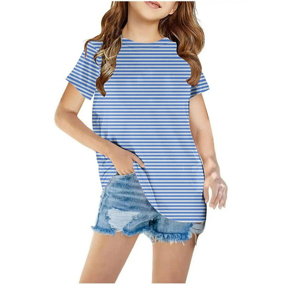 Nskgu Girl's Striped Short Sleeve T Shirts Crewneck Loose Fit Tunic Tops Summer Casual Cute Tee Shirts Blouses for 3-12 Years under $10