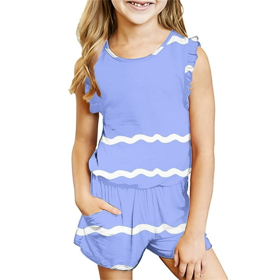 Nskgu Girls 2 Piece Outfits Short Sleeve T Shirt and Shorts Summer Clothing Sets Ruffle Sleeve Two Pieces Shorts Set Sleeveless Sets 3-14 Years