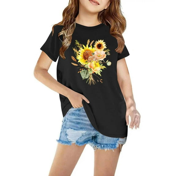 Nskgu Girls Casual Short Sleeve T Shirts Crewneck Tunic Tops Kids Girls T Shirts Floral Printed Tee Blouses Size 3-14 Years
