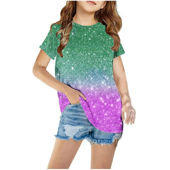 Nskgu Girls Casual Short Sleeve T Shirts Printed Tee Blouse Kids Loose Tunic Tops Summer Tops for Kids Size 3-12 Years under $10
